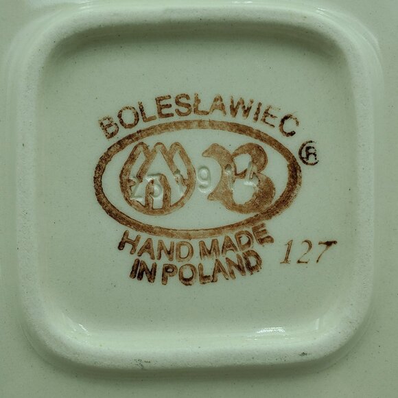 Polish Pottery Flowering Peacock Square Luncheon Plate Blue Floral Peacock Eyes - Picture 6 of 6